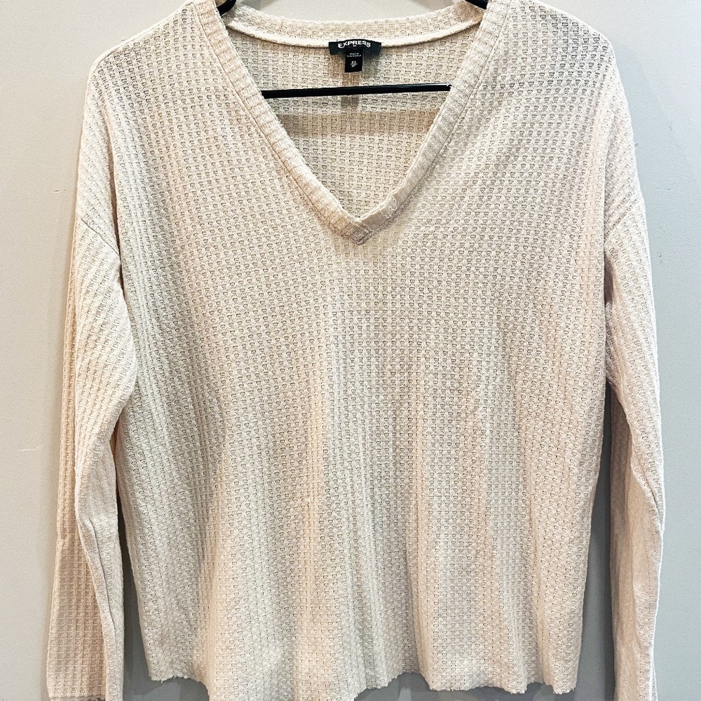 Cream Textured V-Neck Long Sleeve- Size XS
